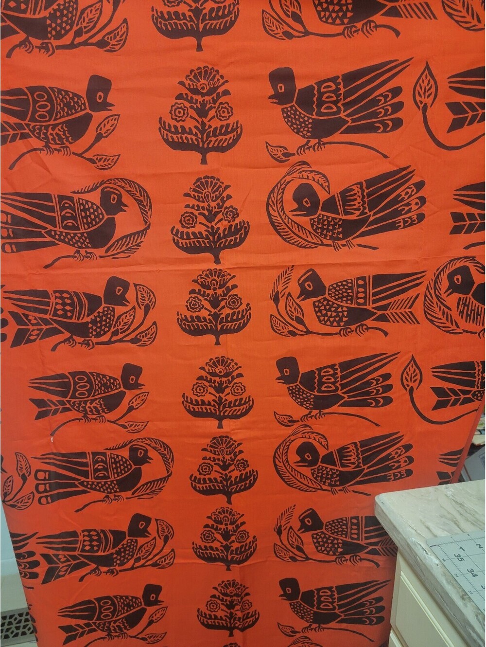 Harwood Steiger fabric “Birds” Red 44x72 2 Yards Hand Printed
